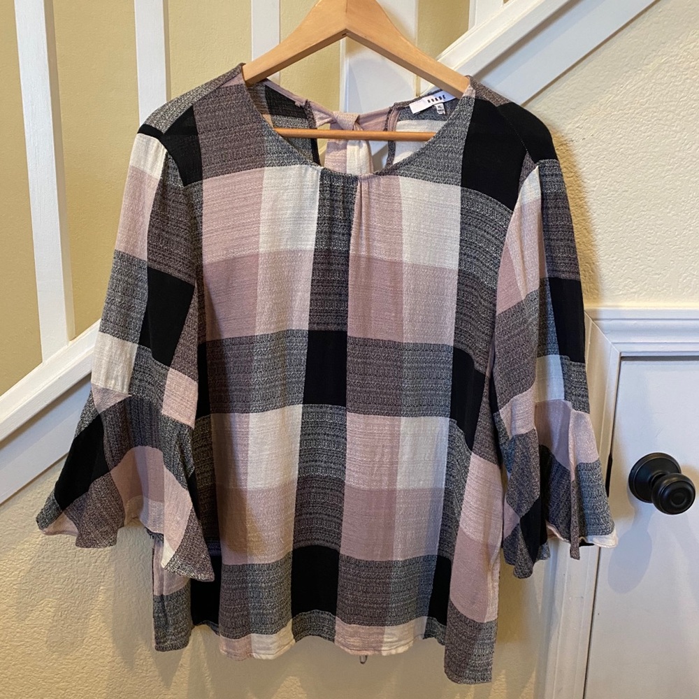 RO & DE Plaid Bell Sleeved Blouse